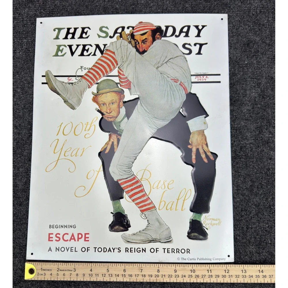 Saturday Evening Post Norman Rockwell 100th Year of Baseball Metal Tin Sign 1939